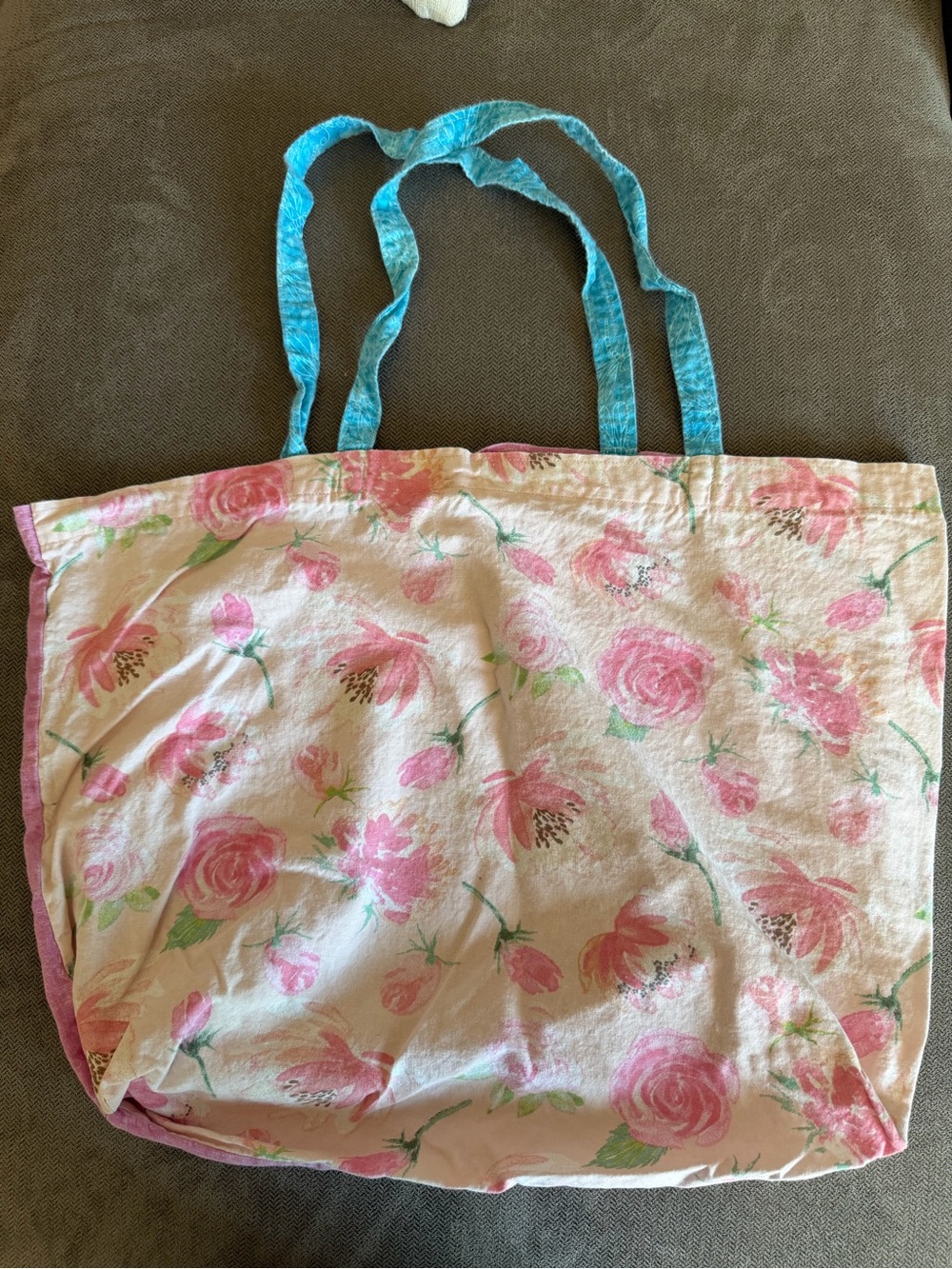 Pink Floral Canvas Tote with Teal Handles